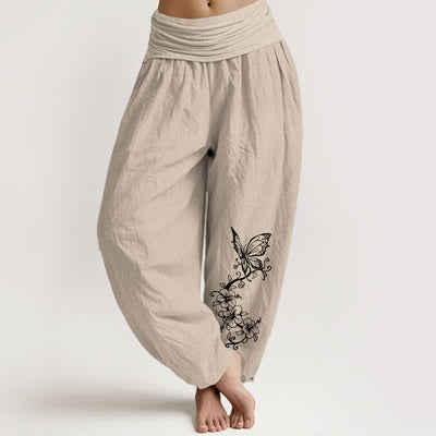 Buddha Stones Pure Cotton Butterfly Floral Pattern Women's Elastic Waist Harem Pants - Tan - US16，UK/AU20，EU48 (3XL) - image 14
