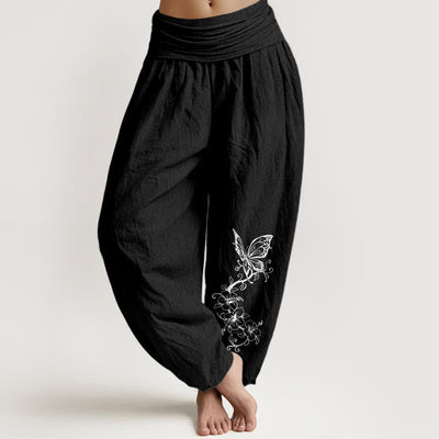 Buddha Stones Pure Cotton Butterfly Floral Pattern Women's Elastic Waist Harem Pants - Black - US16，UK/AU20，EU48 (3XL) - image 5