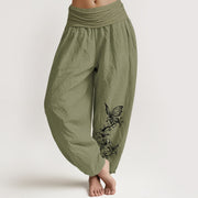 Foviel Pure Cotton Butterfly Floral Pattern Women's Elastic Waist Harem Pants