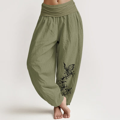 Buddha Stones Pure Cotton Butterfly Floral Pattern Women's Elastic Waist Harem Pants - OliveDrab - US16，UK/AU20，EU48 (3XL) - image 11