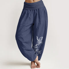 Buddha Stones Pure Cotton Butterfly Floral Pattern Women's Elastic Waist Harem Pants - DarkSlateBlue - US16，UK/AU20，EU48 (3XL) - image 0