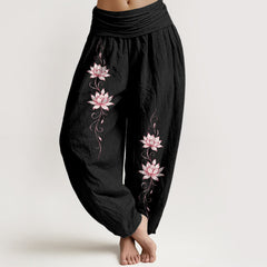Buddha Stones Pure Cotton Lotus Blossom Pattern Women's Elastic Waist Harem Pants - Black - US16，UK/AU20，EU48 (3XL) - image 0