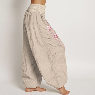Buddha Stones Pure Cotton Lotus Blossom Pattern Women's Elastic Waist Harem Pants - image 16
