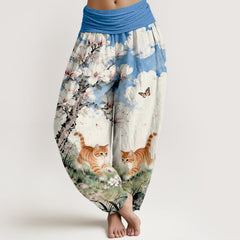Buddha Stones Pure Cotton Magnolia Orange Tabby Cats Pattern Women's Elastic Waist Harem Pants - CornflowerBlue - US16，UK/AU20，EU48 (3XL) - image 0