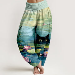 Buddha Stones Cotton Lotus Pond Cat Pattern Women's Elastic Waist Harem Pants - MediumTurquoise - US16，UK/AU20，EU48 (3XL) - image 0