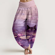 Foviel Cotton Lotus Pond Cat Pattern Women's Elastic Waist Harem Pants