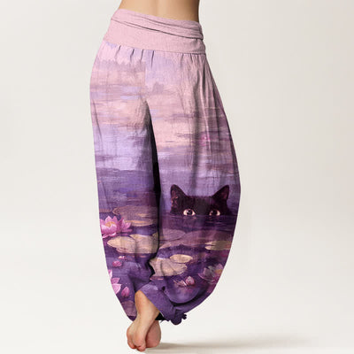 Buddha Stones Cotton Lotus Pond Cat Pattern Women's Elastic Waist Harem Pants - image 6