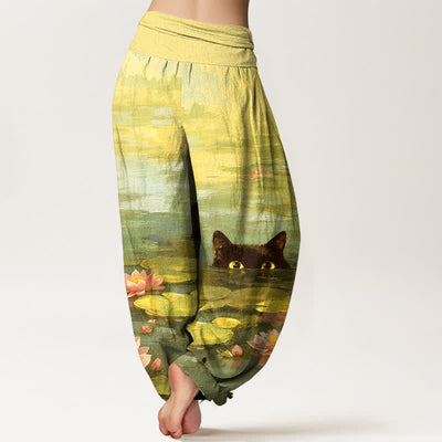 Buddha Stones Cotton Lotus Pond Cat Pattern Women's Elastic Waist Harem Pants - image 9
