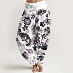Buddha Stones Cotton Cherry Blossoms Floral Fan Pattern Women's Elastic Waist Harem Pants - Thistle - US16，UK/AU20，EU48 (3XL) - image 0