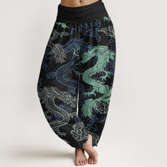 Buddha Stones Cotton Azure Dragon Pattern Women's Elastic Waist Harem Pants - Black - US16，UK/AU20，EU48 (3XL) - image 0