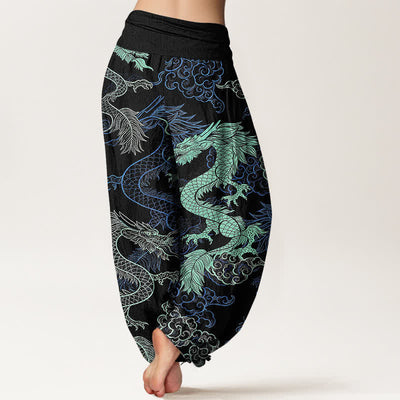 Buddha Stones Cotton Azure Dragon Pattern Women's Elastic Waist Harem Pants - image 1