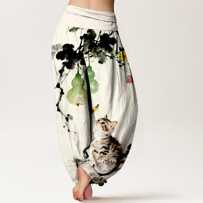 Buddha Stones Cotton Ink Cat Gourd Pattern Women's Elastic Waist Harem Pants - image 1