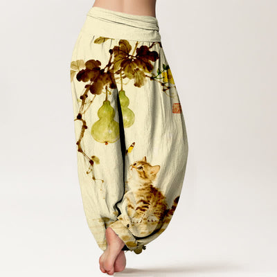Buddha Stones Cotton Ink Cat Gourd Pattern Women's Elastic Waist Harem Pants - image 9