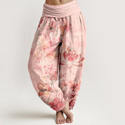 Foviel Cotton Lotus Bloom Dragonfly Pattern Women's Elastic Waist Harem Pants