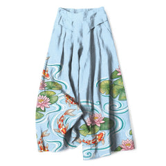 Buddha Stones Cotton Linen Koi Fish Pink Lotus Pond Pattern Women's Elastic Waist Wide Leg Pants With Pockets - LightBlue - US16，UK/AU20，EU48 (3XL) - image 0