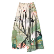 Foviel Baumwolle Leinen Kran Lotus Muster Damen elastische Taille weites Bein Hose mit Taschen