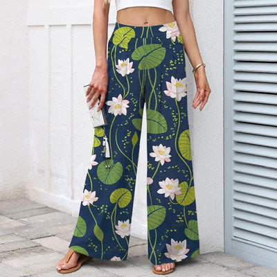 Buddha Stones Cotton Linen Lotus Green Leaf Pattern Women's Elastic Waist Wide Leg Pants With Pockets - image 1
