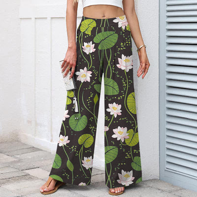 Buddha Stones Cotton Linen Lotus Green Leaf Pattern Women's Elastic Waist Wide Leg Pants With Pockets - image 5
