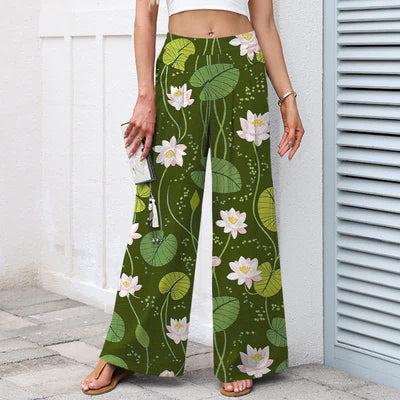 Buddha Stones Cotton Linen Lotus Green Leaf Pattern Women's Elastic Waist Wide Leg Pants With Pockets - image 7