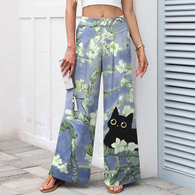 Buddha Stones Cotton Linen Blue Floral Cat Pattern Women's Elastic Waist Wide Leg Pants With Pockets - image 5