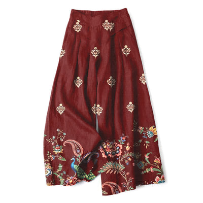 Buddha Stones Cotton Linen Bohemian Floral Paisley Pattern Women's Elastic Waist Wide Leg Pants With Pockets - Maroon - US16，UK/AU20，EU48 (3XL) - image 4