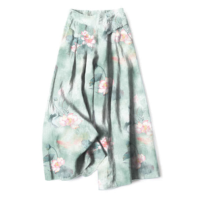 Buddha Stones Cotton Linen Watercolor Lotus Leaves Floral Pattern Women's Elastic Waist Wide Leg Pants With Pockets - Aquamarine - US16，UK/AU20，EU48 (3XL) - image 0