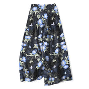 Foviel Baumwolle Leinen Blau Florale Blätter Muster Damen elastische Taille weites Bein Hose mit Taschen