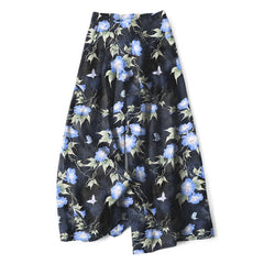 Buddha Stones Cotton Linen Blue Floral Leaves Pattern Women's Elastic Waist Wide Leg Pants With Pockets - CornflowerBlue - US16，UK/AU20，EU48 (3XL) - image 0