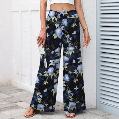 Buddha Stones Cotton Linen Blue Floral Leaves Pattern Women's Elastic Waist Wide Leg Pants With Pockets - image 1