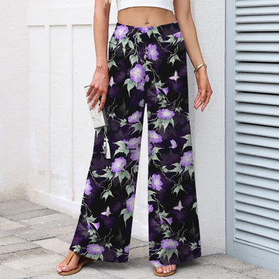 Buddha Stones Cotton Linen Blue Floral Leaves Pattern Women's Elastic Waist Wide Leg Pants With Pockets - image 5