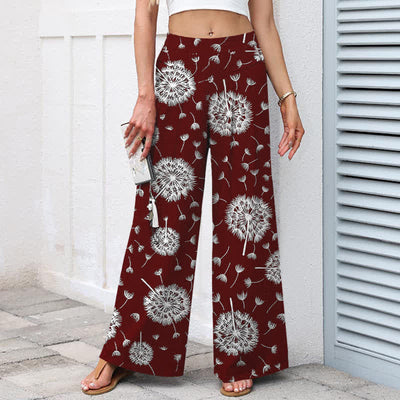 Buddha Stones Cotton Linen White Dandelion Pattern Women's Elastic Waist Wide Leg Pants With Pockets - image 7