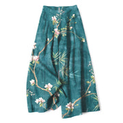 Foviel Cotton Linen Oriental Light Pink Floral Pattern Women's Elastic Waist Wide Leg Pants With Pockets