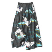 Foviel Cotton Linen White Crane Auspicious Clouds Pine Pattern Women's Elastic Waist Wide Leg Pants With Pockets