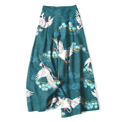 Buddha Stones Cotton Linen White Crane Auspicious Clouds Pine Pattern Women's Elastic Waist Wide Leg Pants With Pockets - Teal - US16，UK/AU20，EU48 (3XL) - image 4