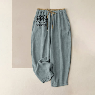 Buddha Stones Pure Cotton Namaste Lotus Pattern Women's Elastic Waist Pants With Pockets - CadetBlue - US16，UK/AU20，EU48 (3XL) - image 8
