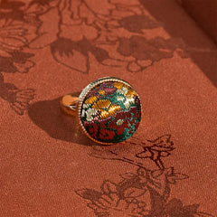 Buddha Stones Song Brocade Embroidered Round Elegance Ring - Dark Green(Same Color Tone – Pattern Varies) - image 0