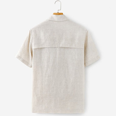Buddha Stones Summer Minimalist Button-Up Solid Cotton Linen Men's Short Sleeve Shirts With Pocket - image 2