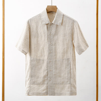 Buddha Stones Summer Minimalist Button-Up Solid Cotton Linen Men's Short Sleeve Shirts With Pocket - image 3