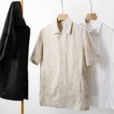 Buddha Stones Summer Minimalist Button-Up Solid Cotton Linen Men's Short Sleeve Shirts With Pocket - image 23