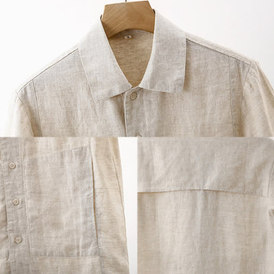 Buddha Stones Summer Minimalist Button-Up Solid Cotton Linen Men's Short Sleeve Shirts With Pocket - image 6