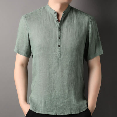 Buddha Stones Summer Casual Tang Style Mandarin Collar Solid Linen Men's Short Sleeve Shirts - DarkSeaGreen - US/UK/AU44，EU54 (4XL) - image 16