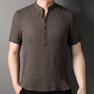 Buddha Stones Summer Casual Tang Style Mandarin Collar Solid Linen Men's Short Sleeve Shirts - image 15