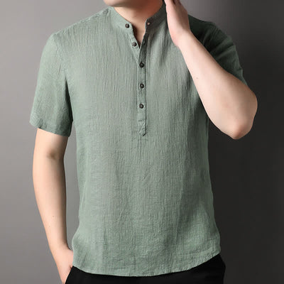 Buddha Stones Summer Casual Tang Style Mandarin Collar Solid Linen Men's Short Sleeve Shirts - image 18