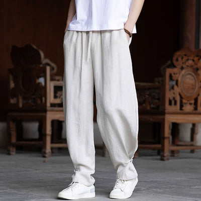 Buddha Stones Summer Casual Vintage Drawstring Elastic Waist Solid Ankle Pants Men's Tapered Pants - image 2