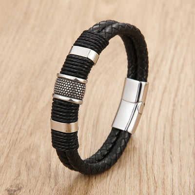 Buddha Stones Leather Hand-Woven Strength Double Layer Braided Bracelet - Silver - 7.9–8.3 in (20–21 cm) - image 0