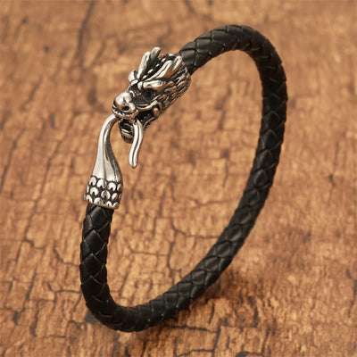 Buddha Stones Braided Leather Dragon Strength Punk Bracelet - Black - 7.9–8.3 in (20–21 cm) - image 0