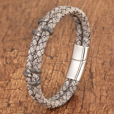 Buddha Stones Braided Leather Dragon Claw Strength Stainless Steel Bracelet - White - 7.9–8.3 in (20–21 cm) - image 6