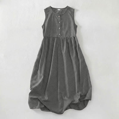 Buddha Stones Summer Vintage Button-Up Plaid Crew Neck Cotton Women's Summer Sleeveless Dress With Pocket - Black - US16，UK/AU20，EU48 (3XL) - image 8