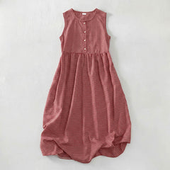 Buddha Stones Summer Vintage Button-Up Plaid Crew Neck Cotton Women's Summer Sleeveless Dress With Pocket - Red - US16，UK/AU20，EU48 (3XL) - image 0