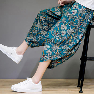Buddha Stones Summer Boho Casual Drawstring Floral Capri Pants Men's Harem Pants With Pocket - image 19